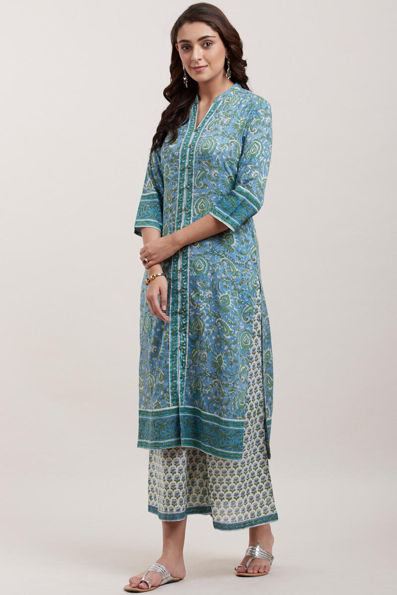 Blue Block Printed Straight Cotton Kurta