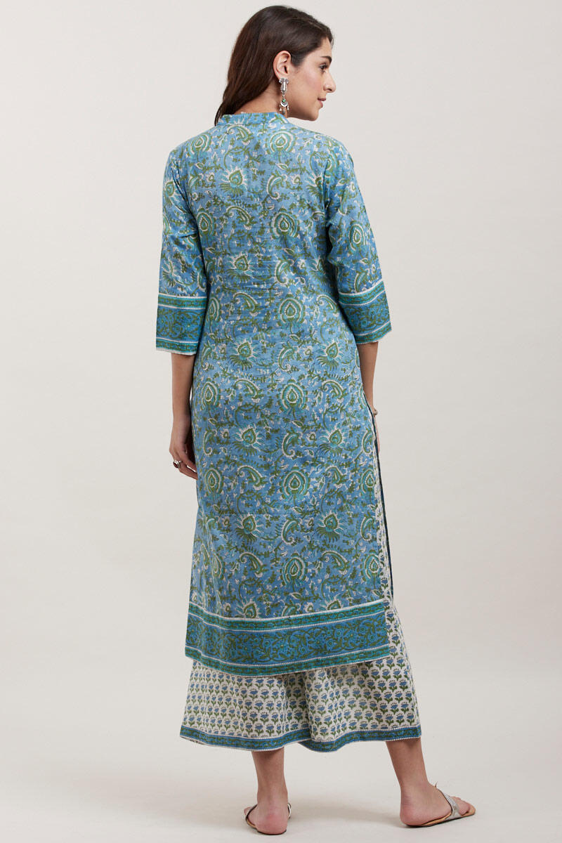 Blue Block Printed Straight Cotton Kurta