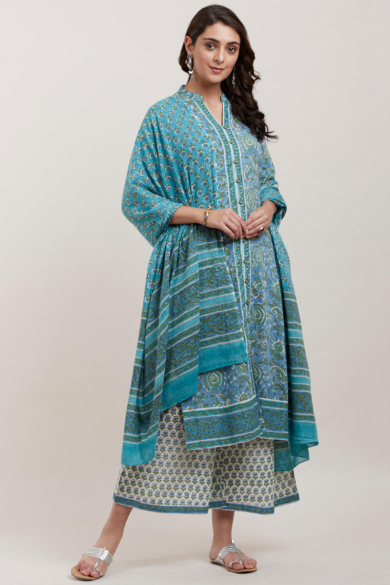 Blue Block Printed Straight Cotton Kurta