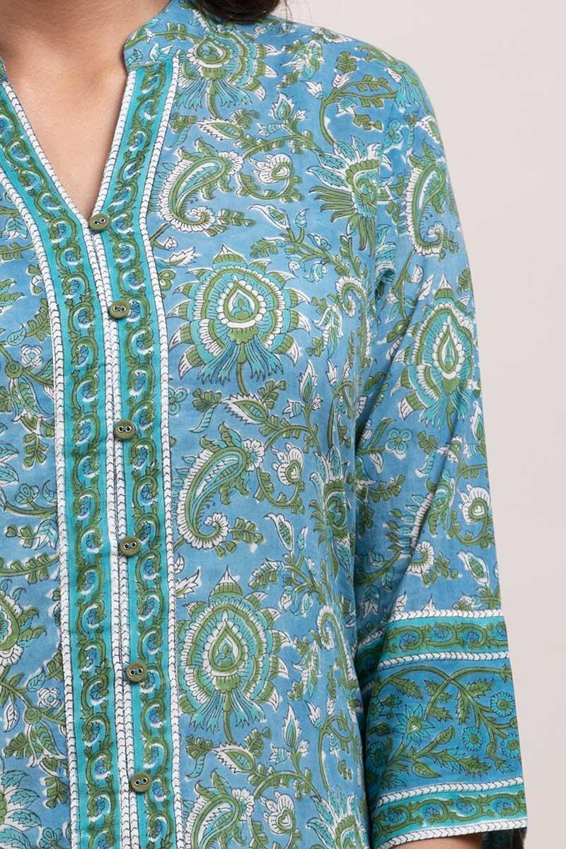 Blue Block Printed Straight Cotton Kurta