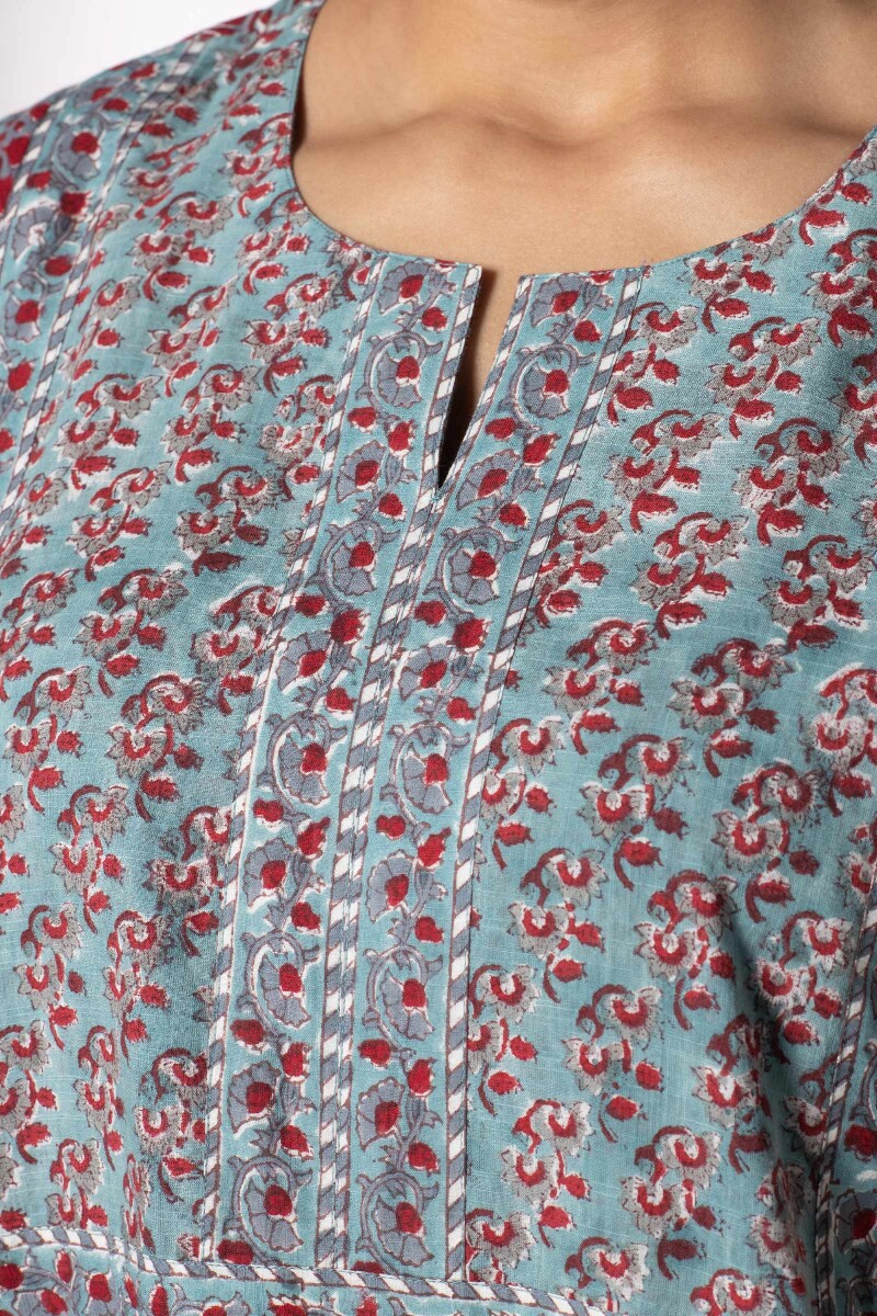 Turquoise Block Printed Cotton Kaftan