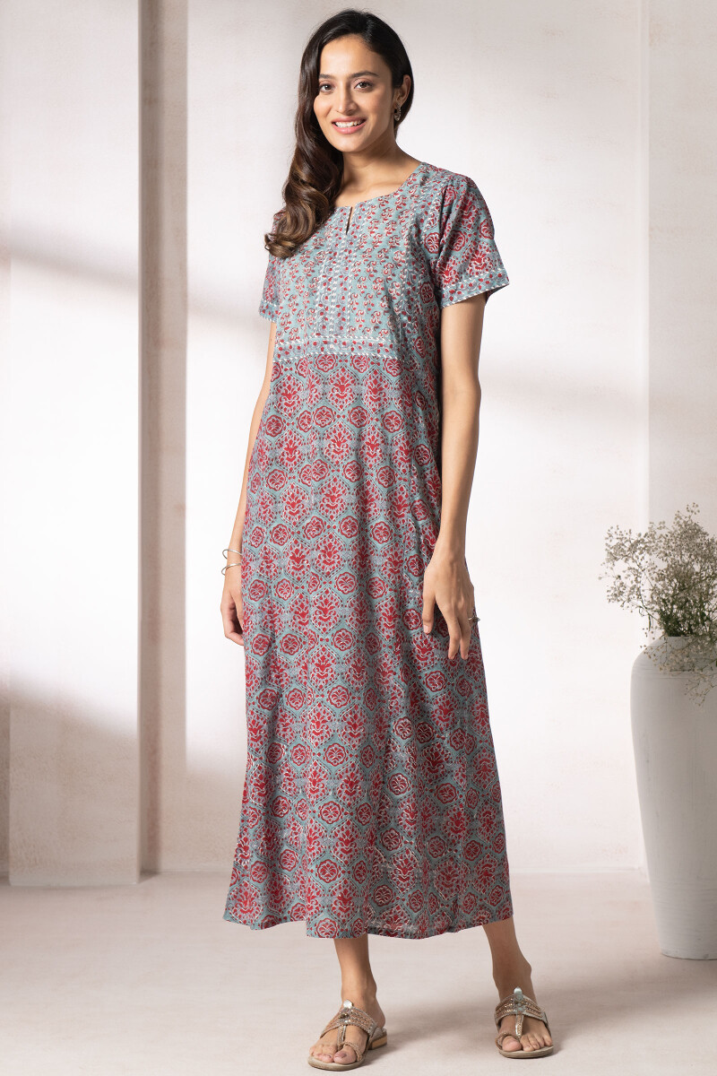 Turquoise Block Printed Cotton Kaftan