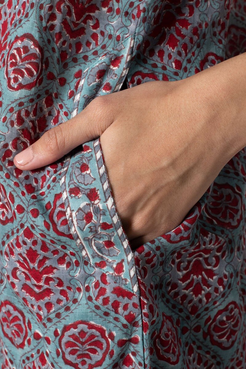 Turquoise Block Printed Cotton Kaftan