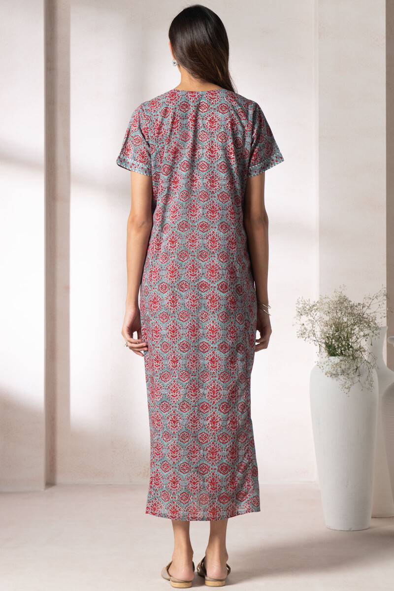 Turquoise Block Printed Cotton Kaftan