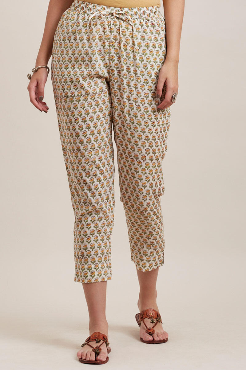 Yellow Block Printed Cotton Narrow Pants