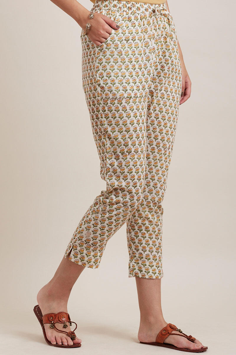 Yellow Block Printed Cotton Narrow Pants