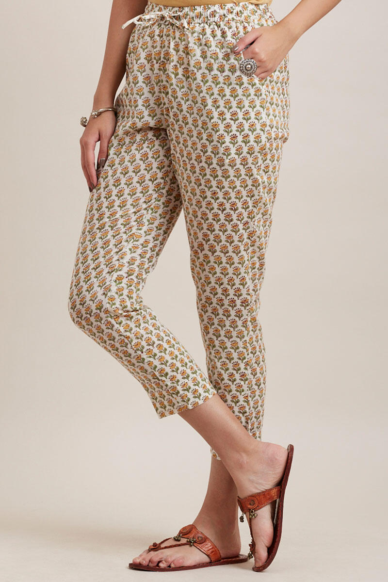 Yellow Block Printed Cotton Narrow Pants