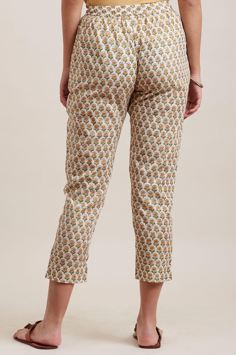 Yellow Block Printed Cotton Narrow Pants