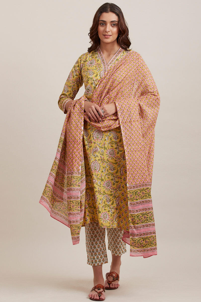 Yellow Block Printed Cotton Narrow Pants