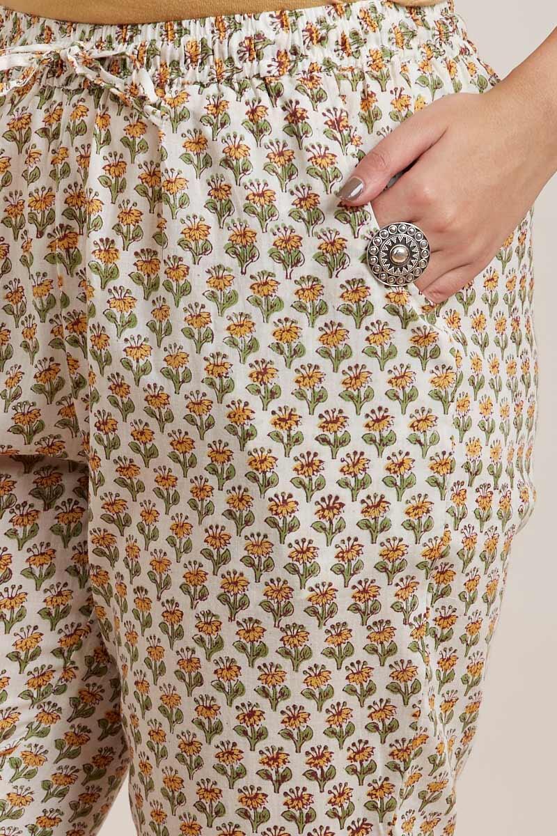 Yellow Block Printed Cotton Narrow Pants