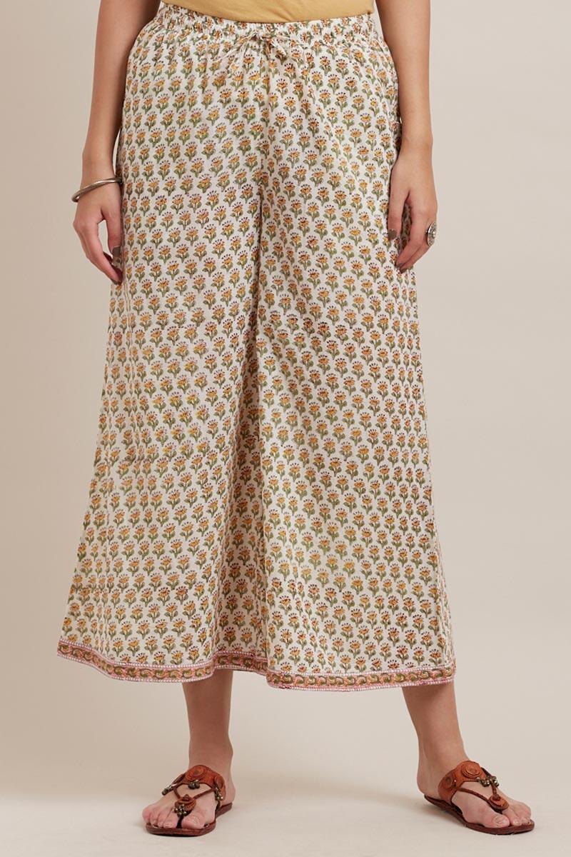 Yellow Block Printed Cotton Palazzo