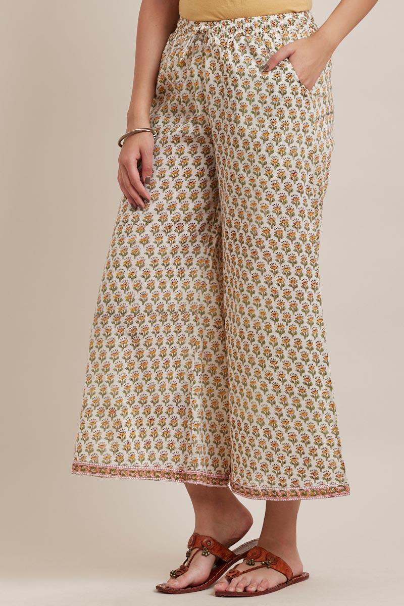 Yellow Block Printed Cotton Palazzo