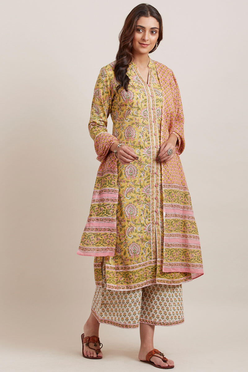 Yellow Block Printed Cotton Palazzo