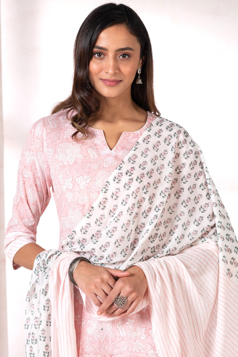 Peach Block Printed Cotton Dupatta