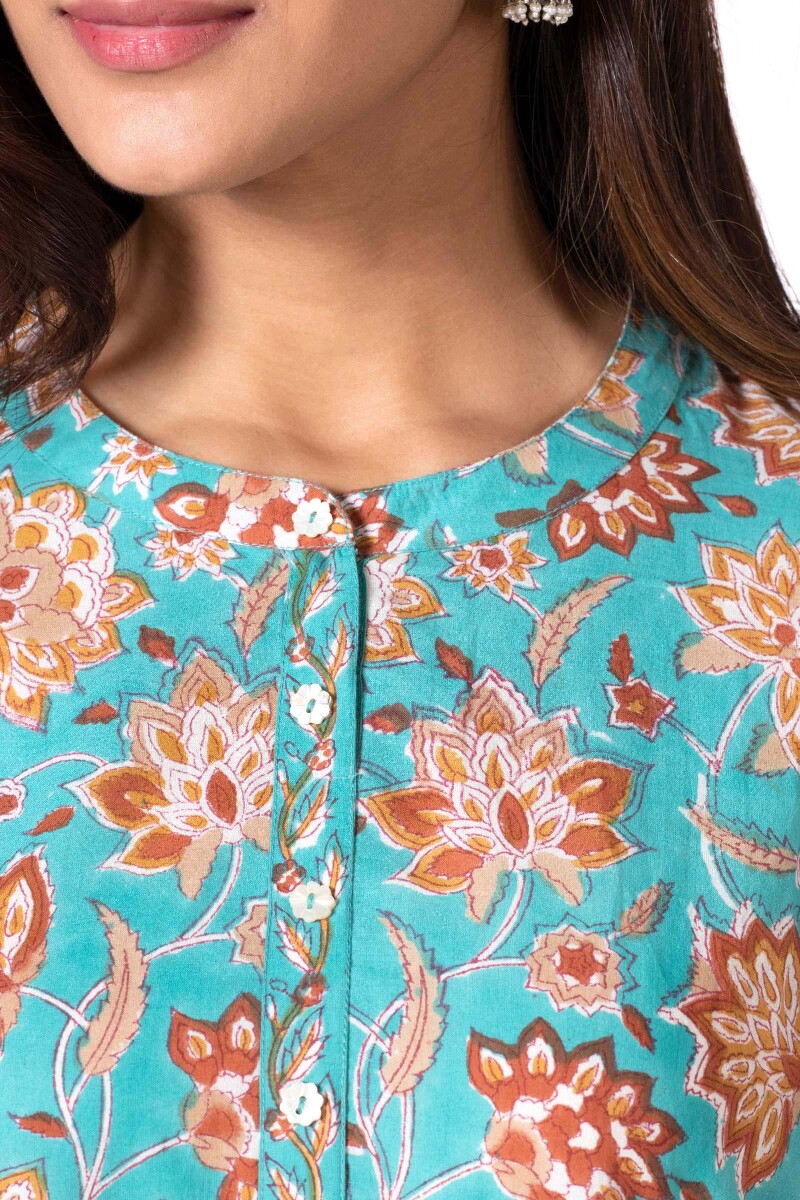 Turquoise Block Printed Cotton Dress