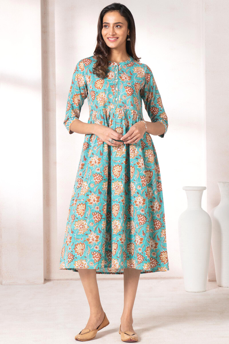 Turquoise Block Printed Cotton Dress