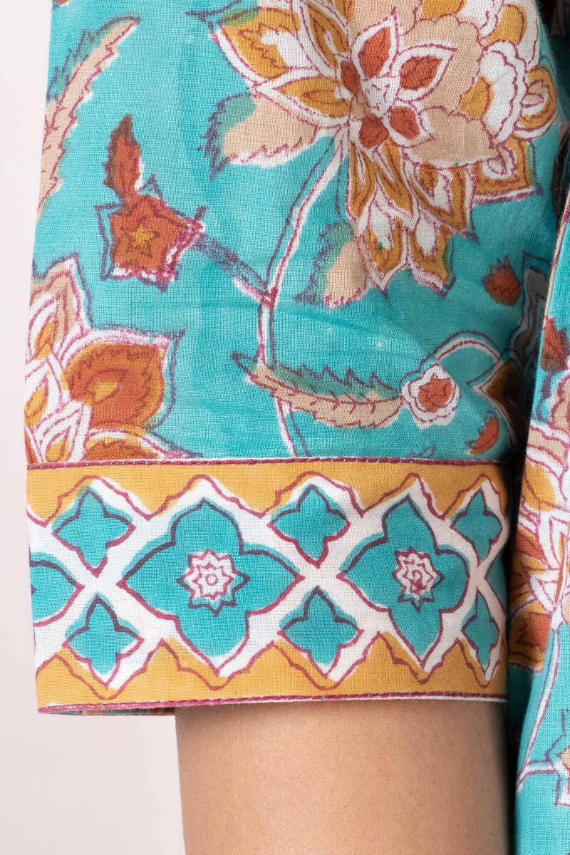 Turquoise Block Printed Cotton Dress