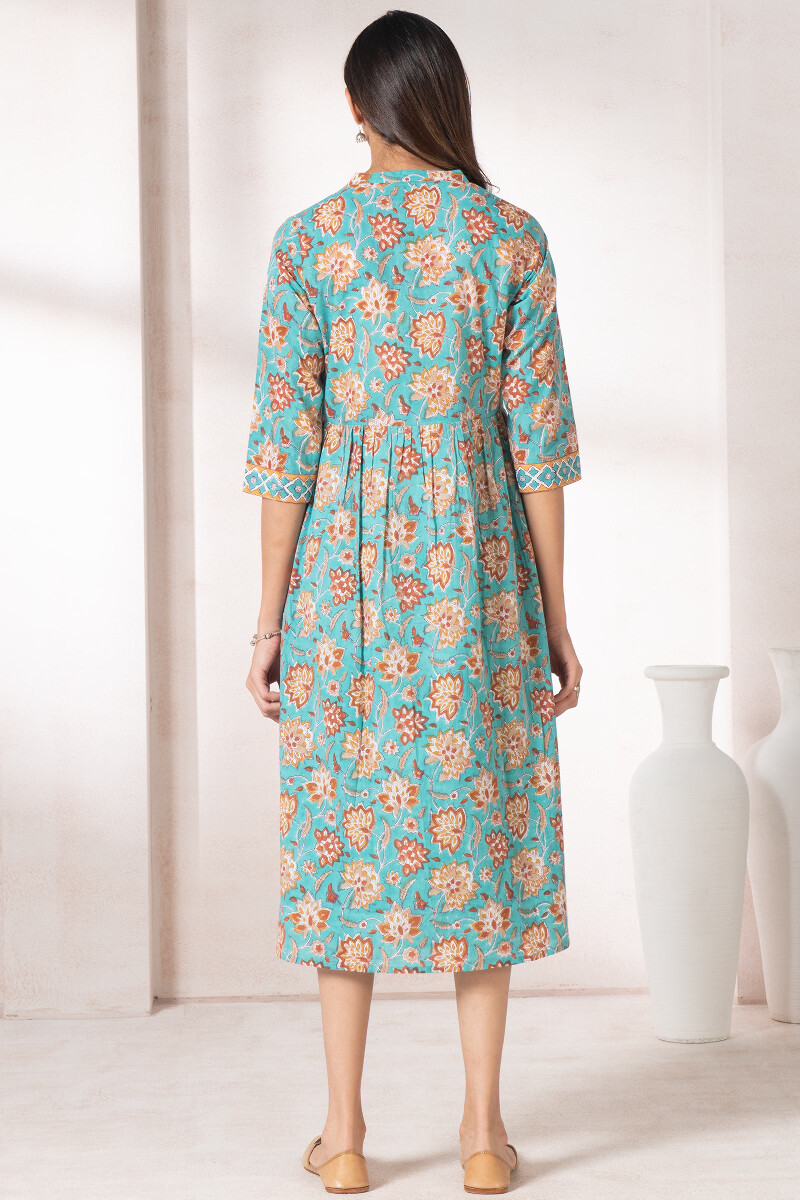 Turquoise Block Printed Cotton Dress