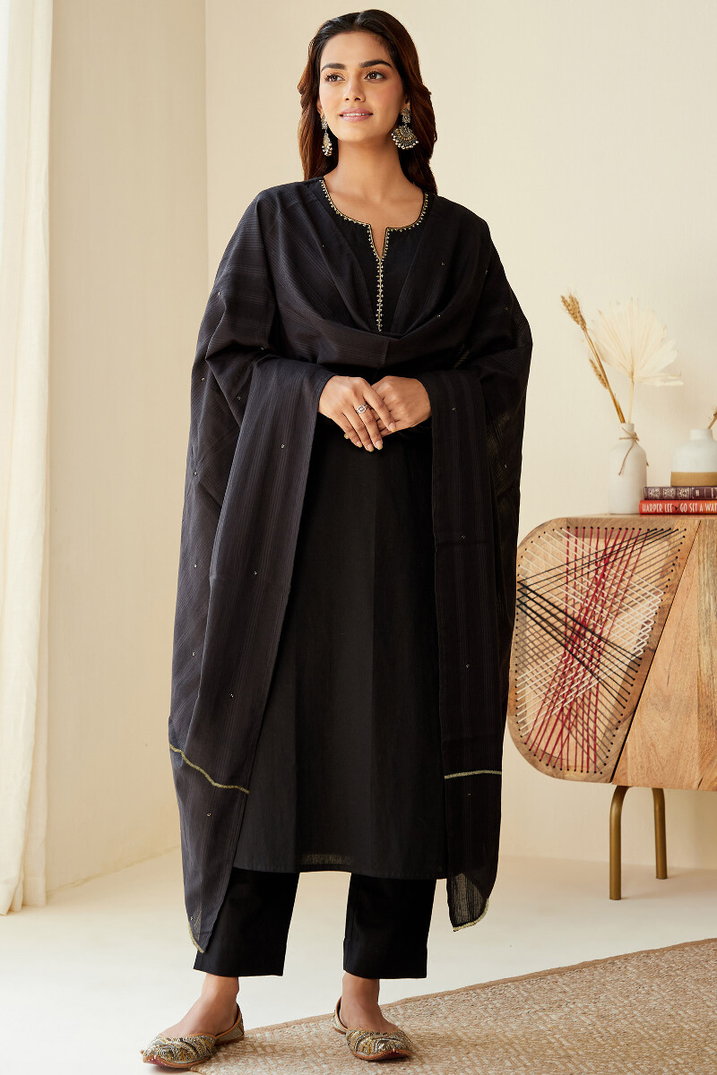 Black Handcrafted Straight Cotton Flax Kurta