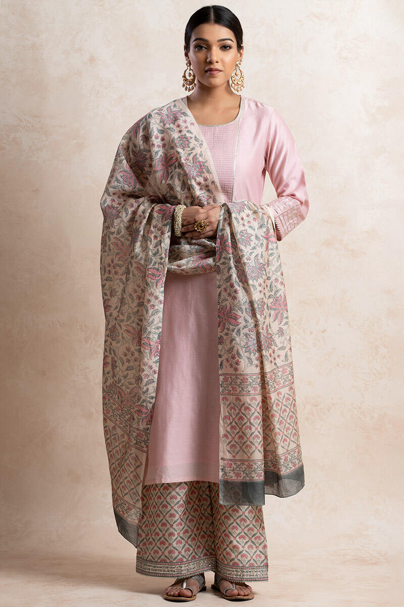 Pink Block Printed Chanderi Dupatta