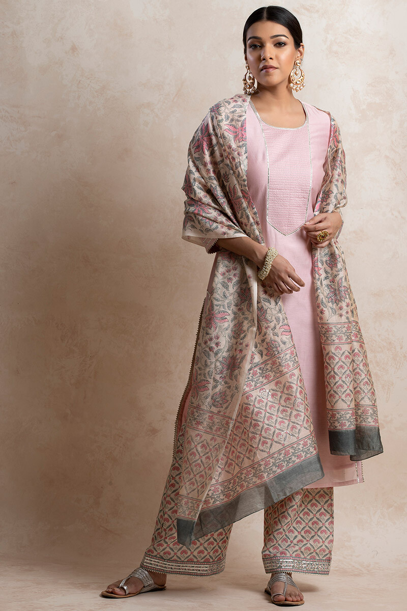 Pink Block Printed Chanderi Dupatta
