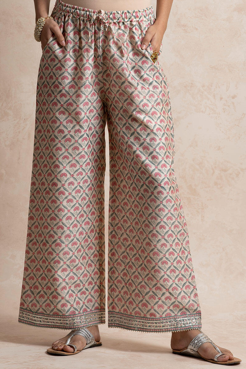 Pink Block Printed Chanderi Farsi Pants