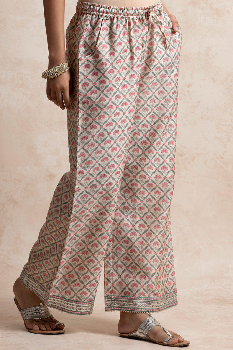 Pink Block Printed Chanderi Farsi Pants