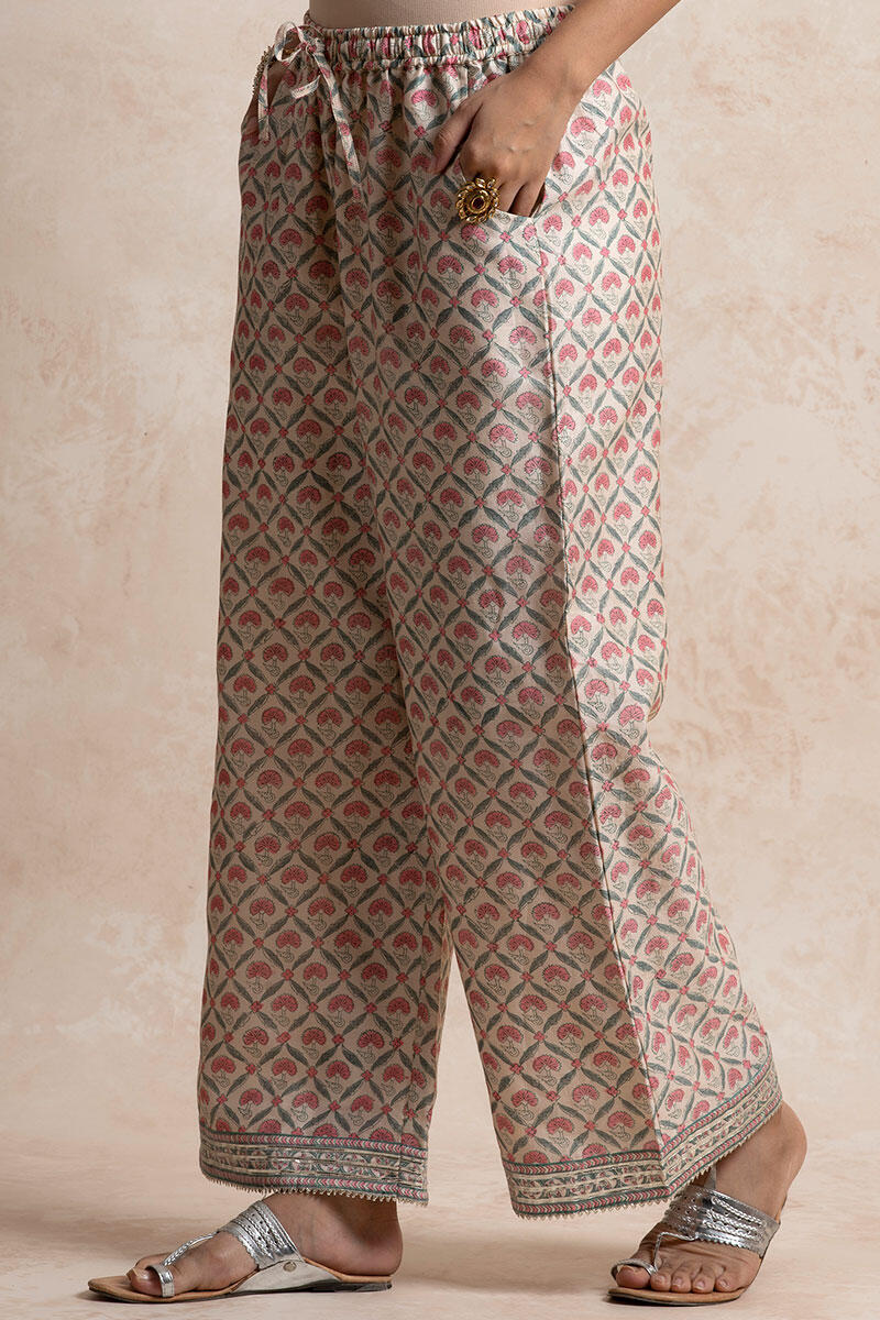 Pink Block Printed Chanderi Farsi Pants