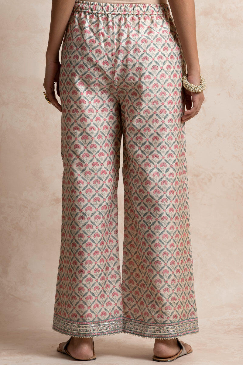 Pink Block Printed Chanderi Farsi Pants