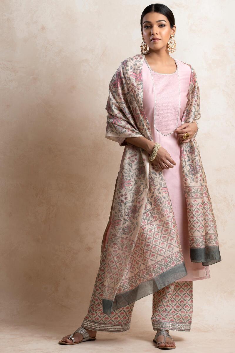Pink Block Printed Chanderi Farsi Pants