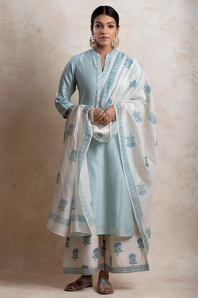 Blue Block Printed Chanderi Dupatta