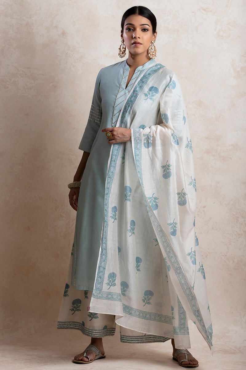 Blue Block Printed Chanderi Dupatta