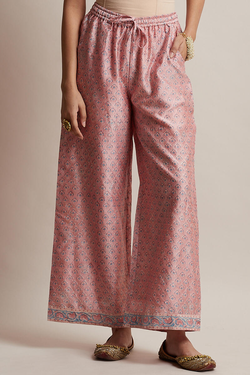 Pink Block Printed Chanderi Farsi Pants