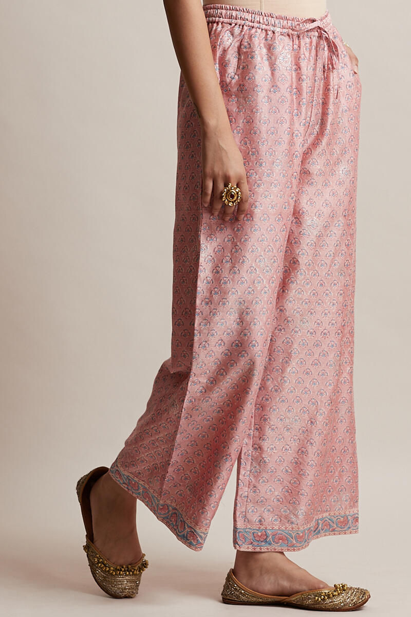 Pink Block Printed Chanderi Farsi Pants