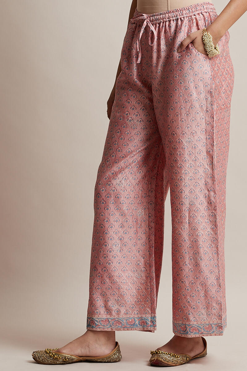 Pink Block Printed Chanderi Farsi Pants