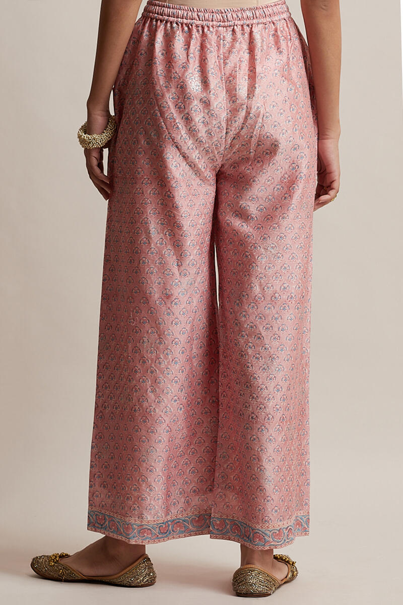 Pink Block Printed Chanderi Farsi Pants