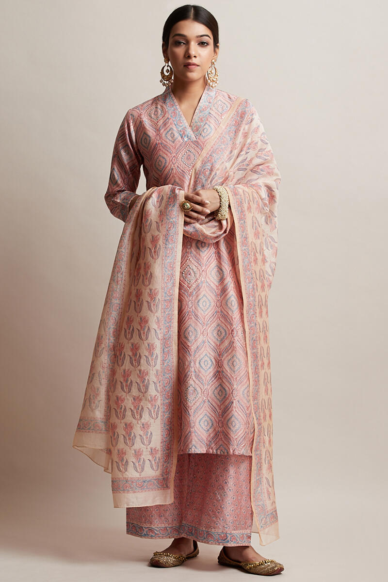 Pink Block Printed Chanderi Farsi Pants
