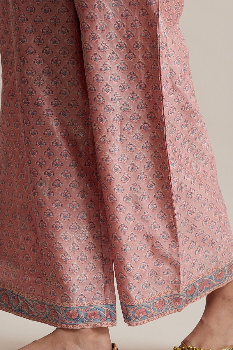 Pink Block Printed Chanderi Farsi Pants