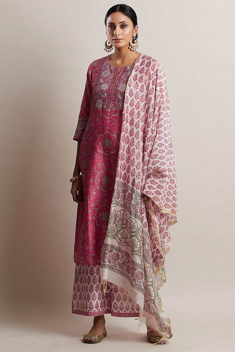 Pink Block Printed Chanderi Dupatta