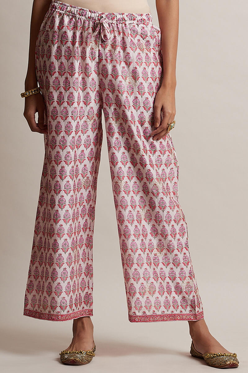 Pink Block Printed Chanderi Farsi Pants