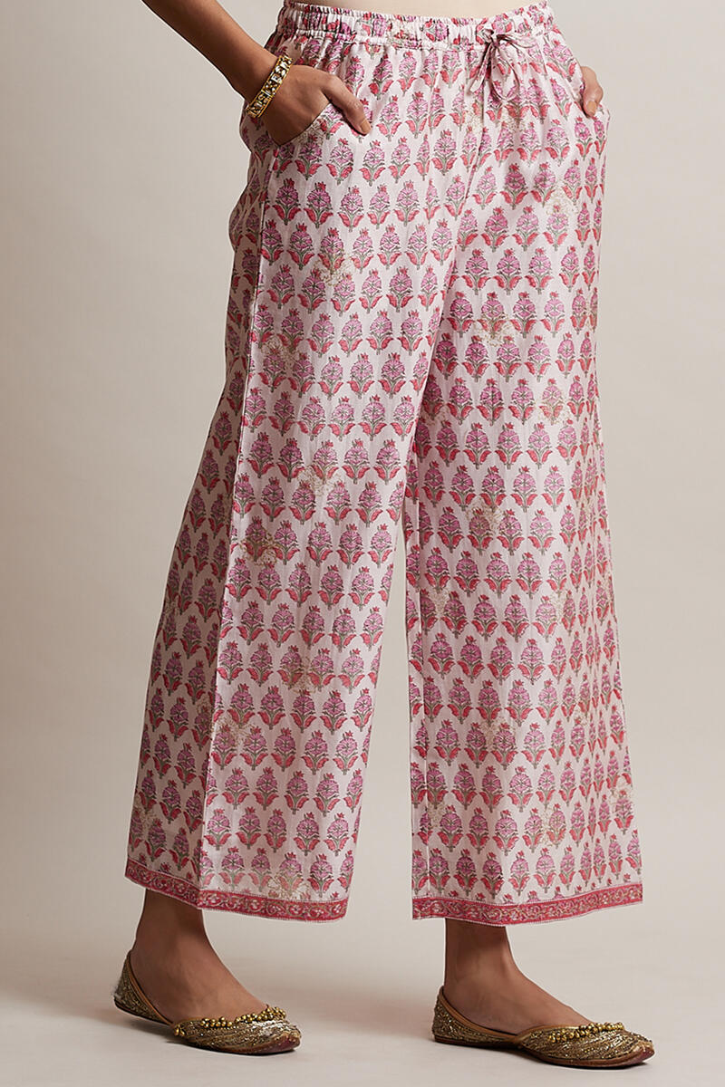 Pink Block Printed Chanderi Farsi Pants