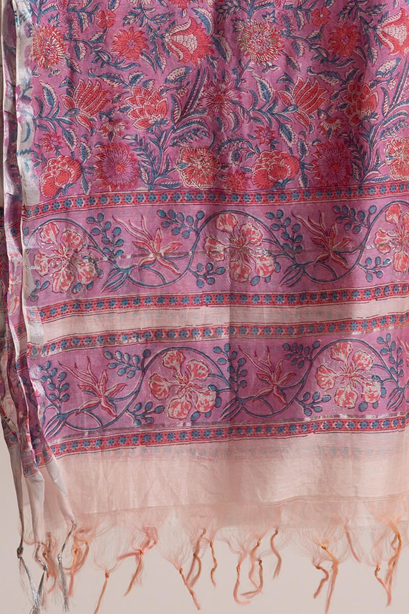 Purple Block Printed Chanderi Dupatta