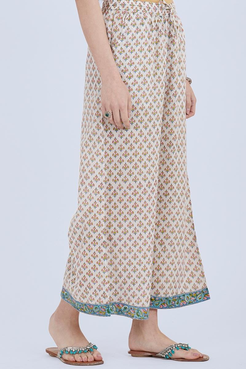 White Block Printed Cotton Palazzo