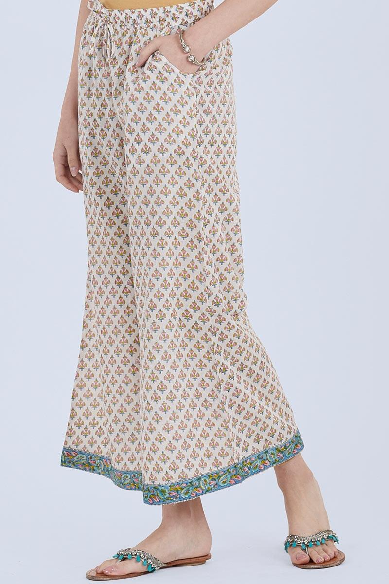 White Block Printed Cotton Palazzo