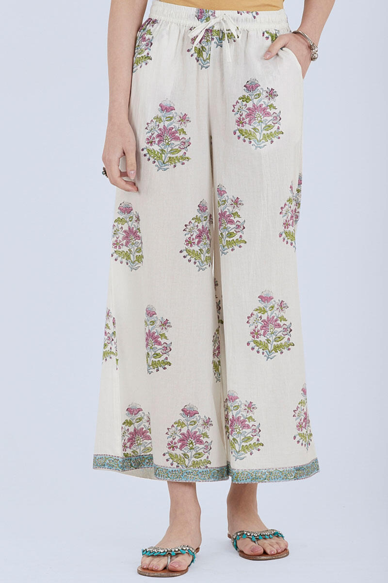 White Block Printed Cotton Palazzo