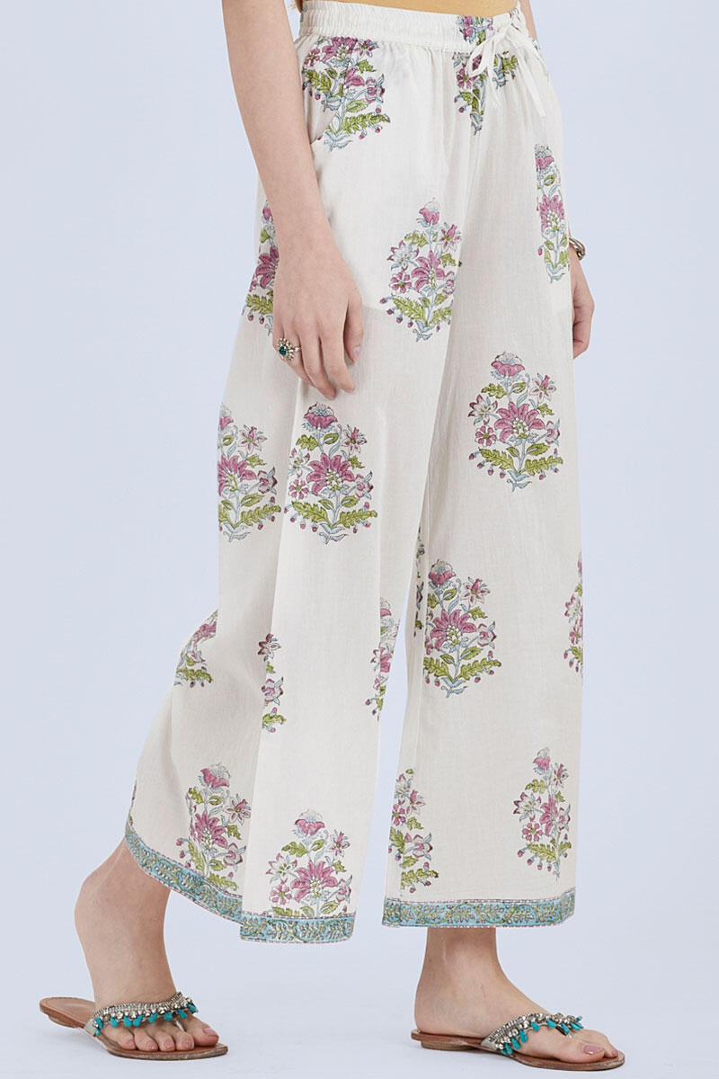 White Block Printed Cotton Palazzo