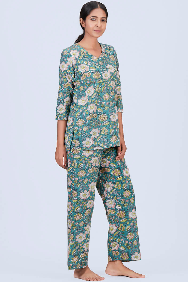 Green Block Printed Cotton Nightsuit