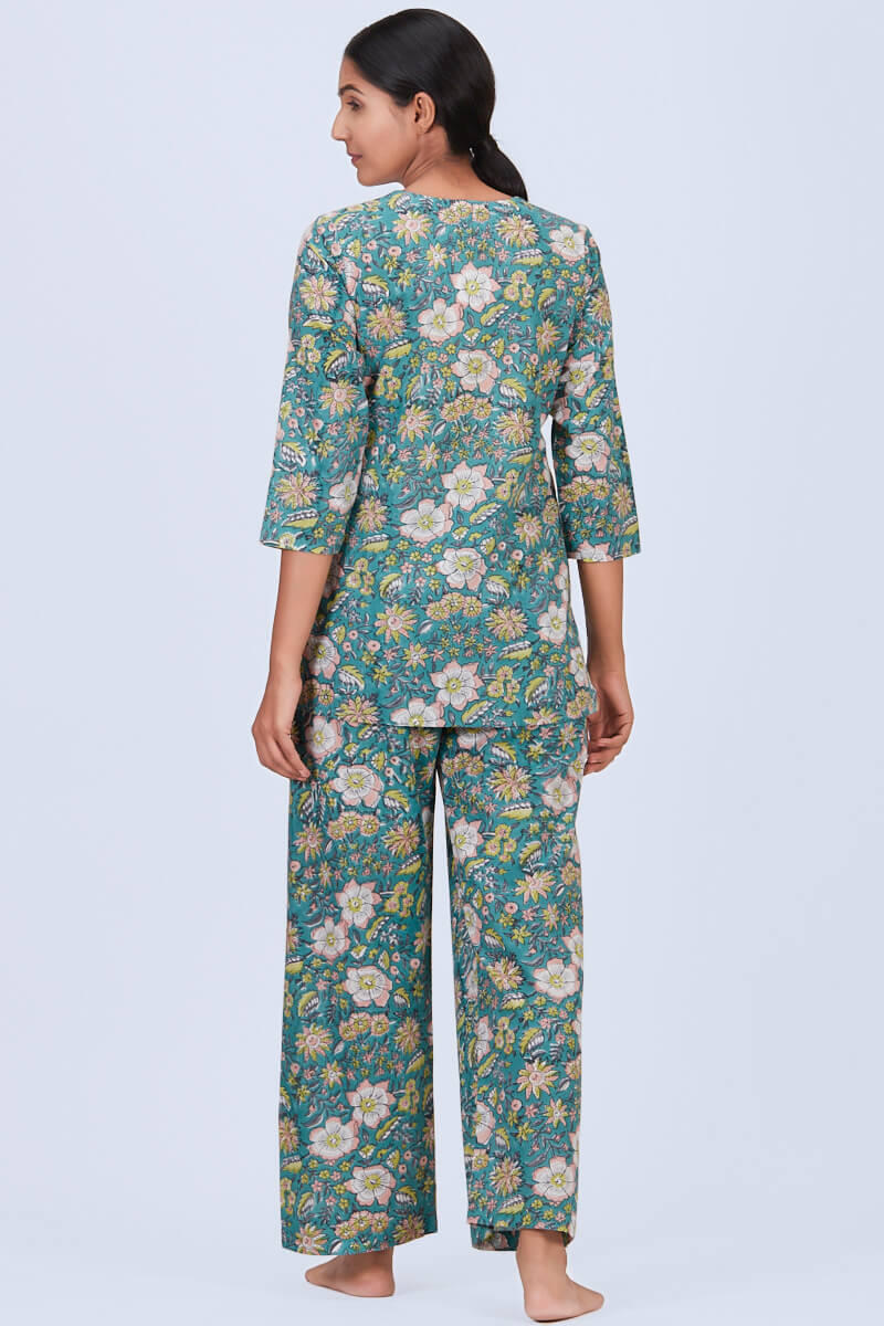 Green Block Printed Cotton Nightsuit