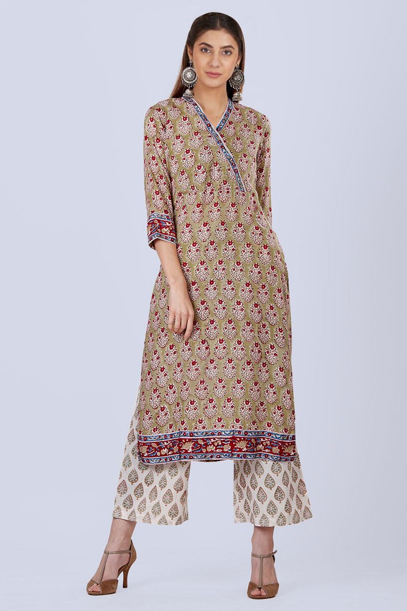 Green Block Printed Cotton Farsi Pants