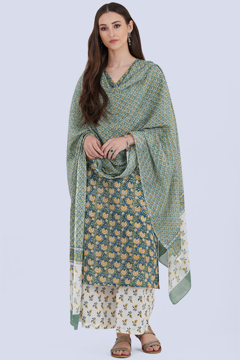 Green Block Printed Cotton Dupatta